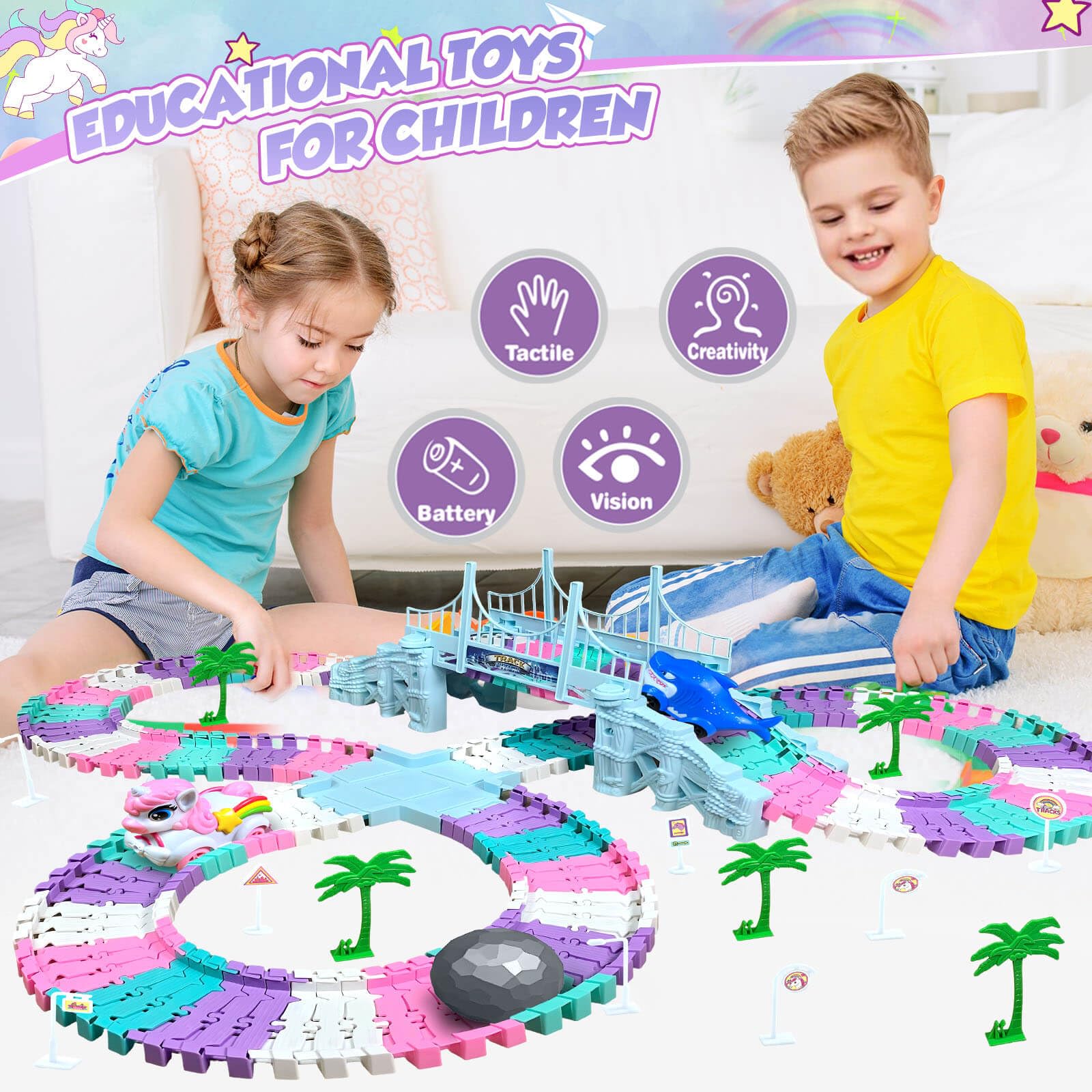 Dolanus flexible track pieces bend and snap for quick circuit configurations.