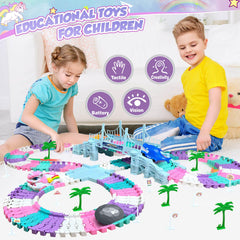 Dolanus flexible track pieces bend and snap for quick circuit configurations.