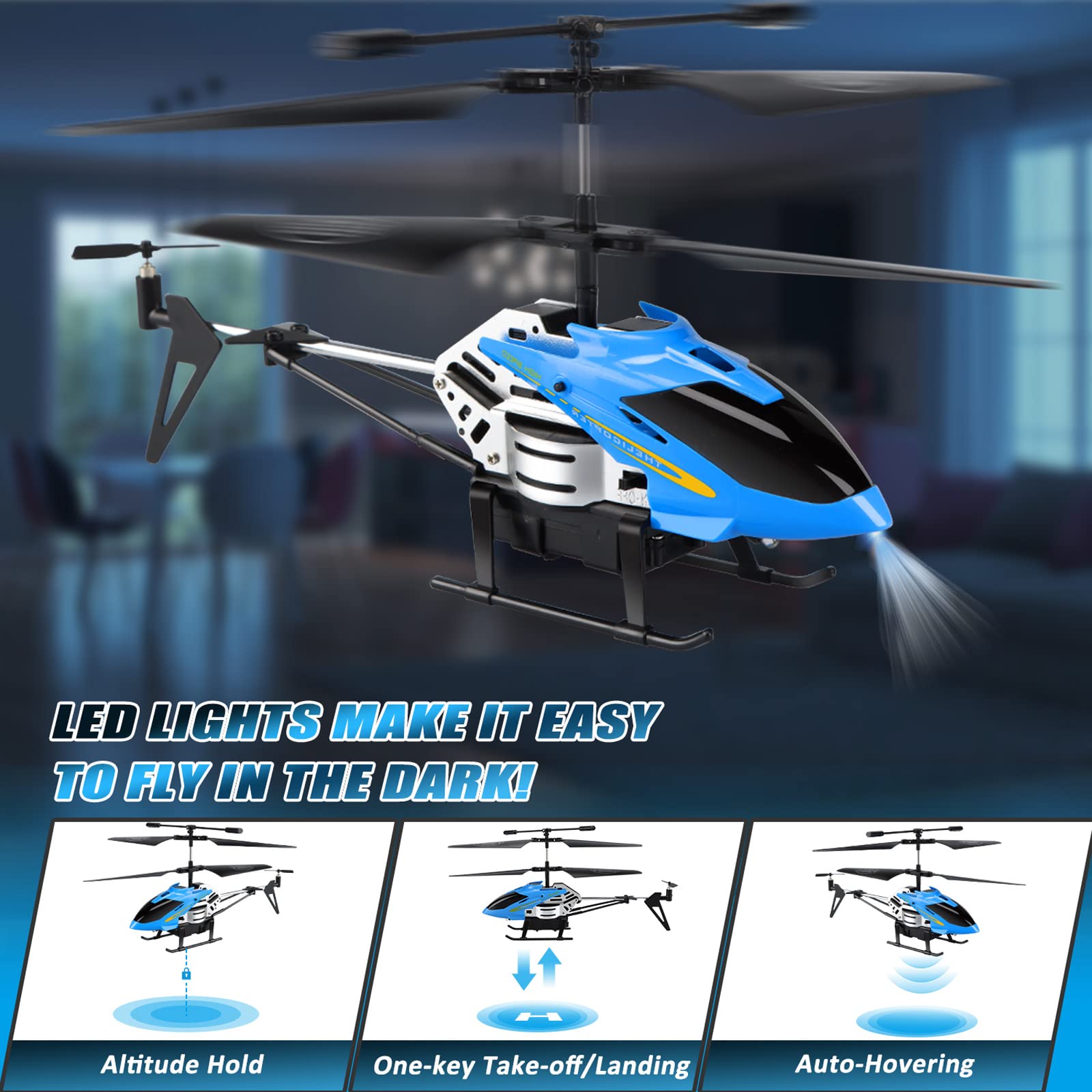 Dolanus RC helicopter LED lights for visibility during flights.