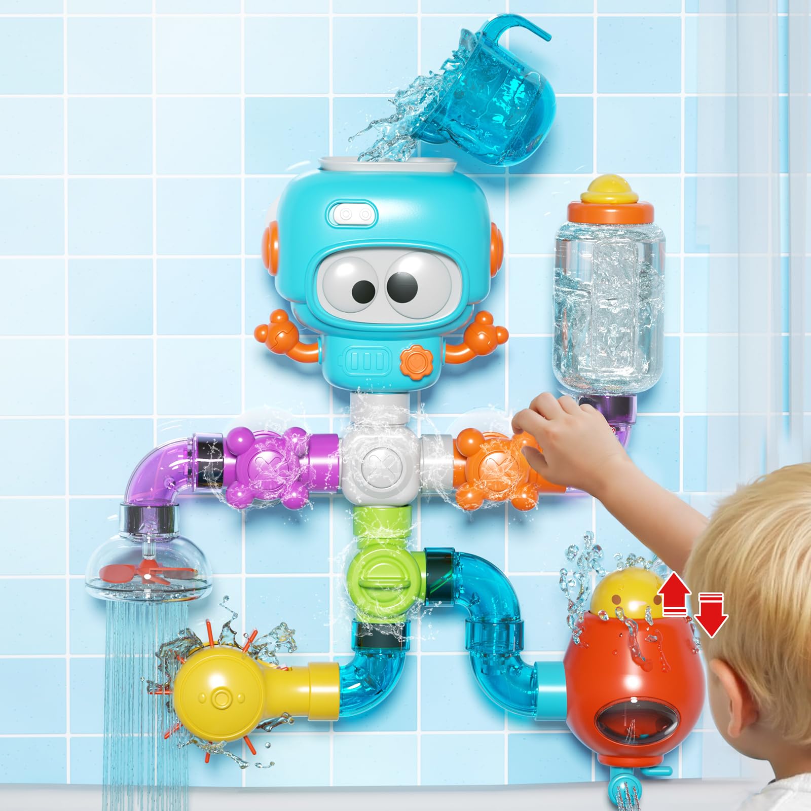 DOLIVE bath toys assembly kit showing assembly and play setup for STEM learning
