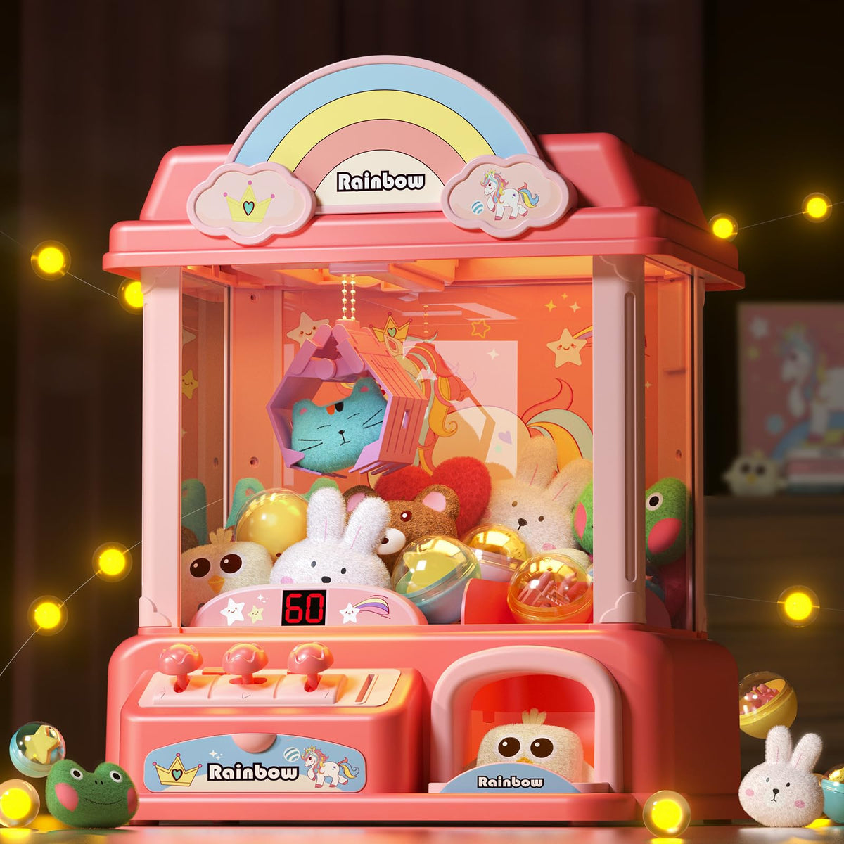 DOLIVE Claw Machine rainbow arc draws kids to interactive play and gifting moments.