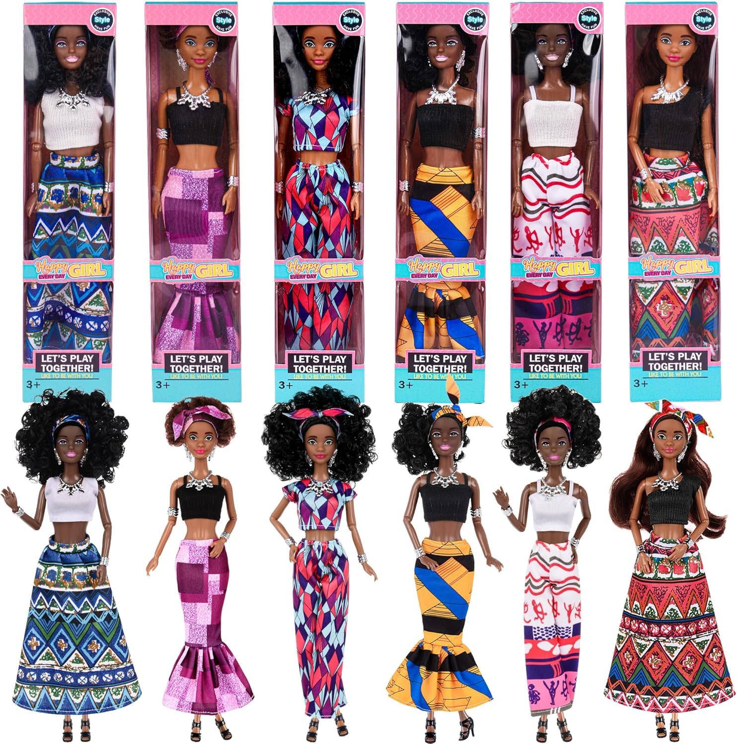 Dollbie African American dolls six-pack with mix-and-match outfits for imaginative play.
