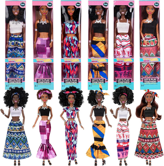 Dollbie African American dolls six-pack with mix-and-match outfits for imaginative play.