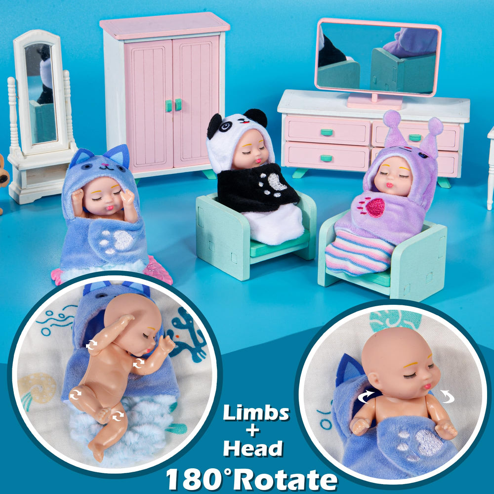 Dollbie cat mini doll in sleeping bag for cozy playtime.