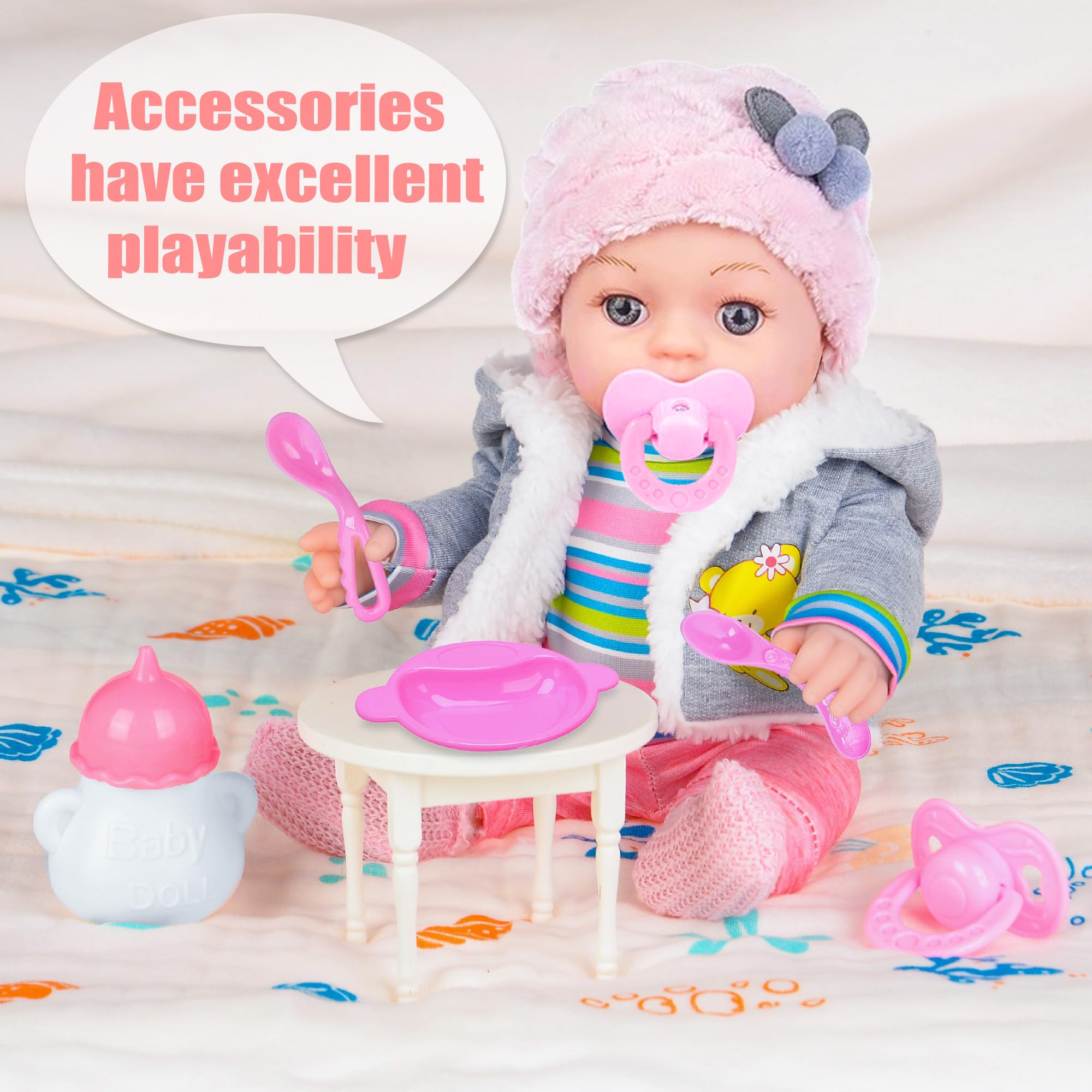 Dollbie detailed face features rosy cheeks and blue eyes for authentic snuggling.
