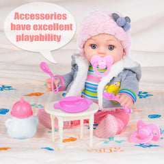 Dollbie detailed face features rosy cheeks and blue eyes for authentic snuggling.