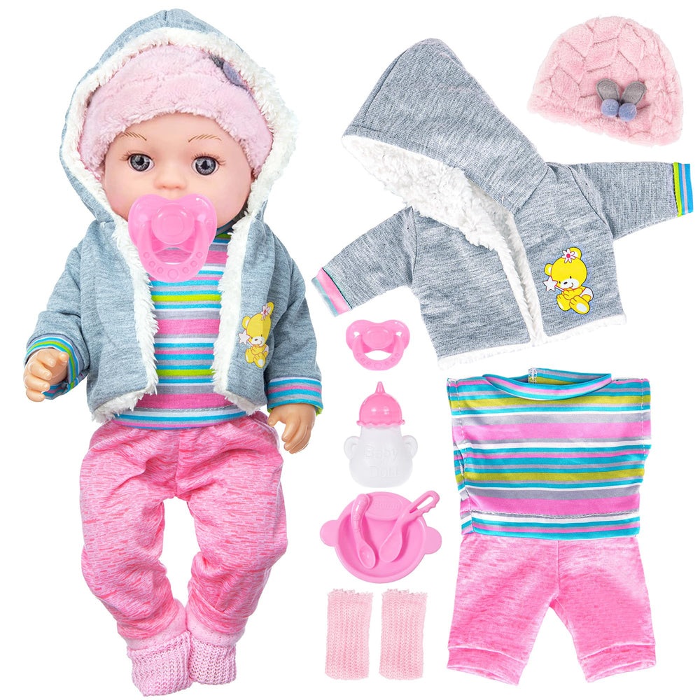 Dollbie feeding playset with bowl, spoons, and bottle supports mealtime role-play.