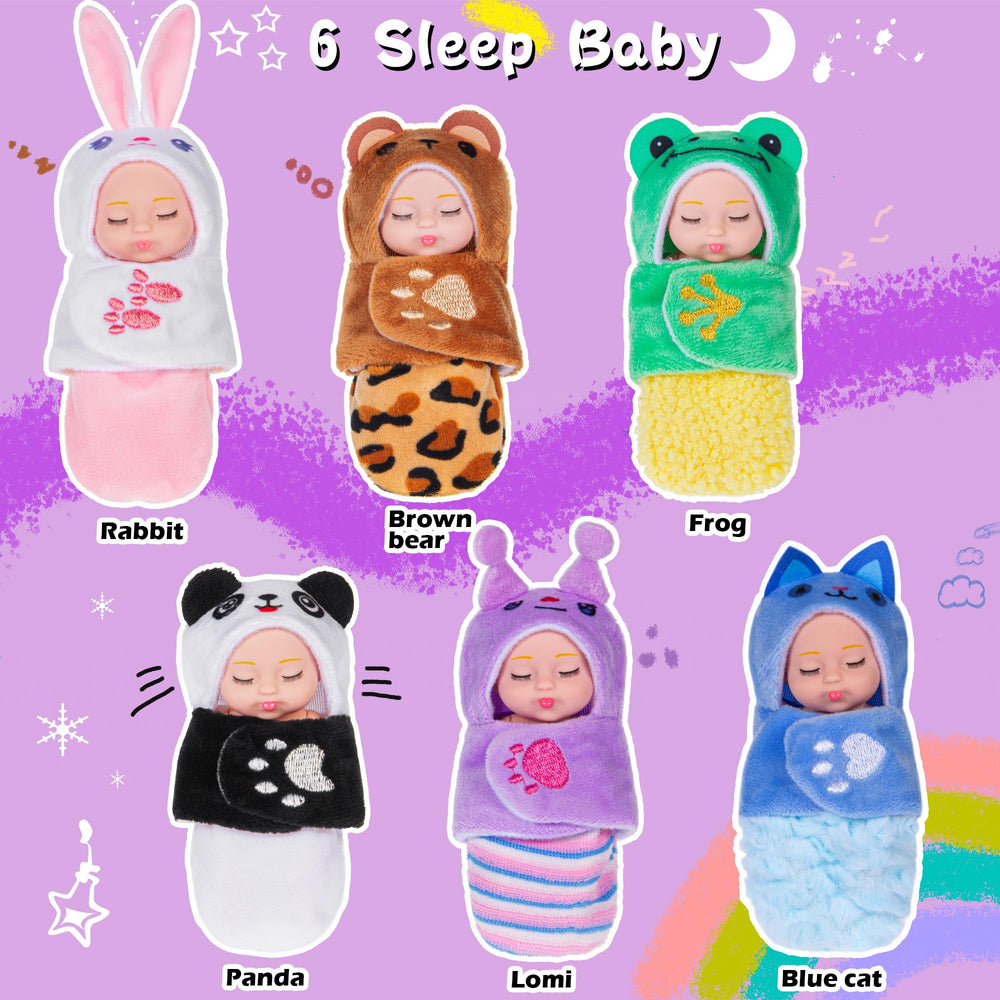 Dollbie panda mini doll with sleeping bag for bedtime fun.