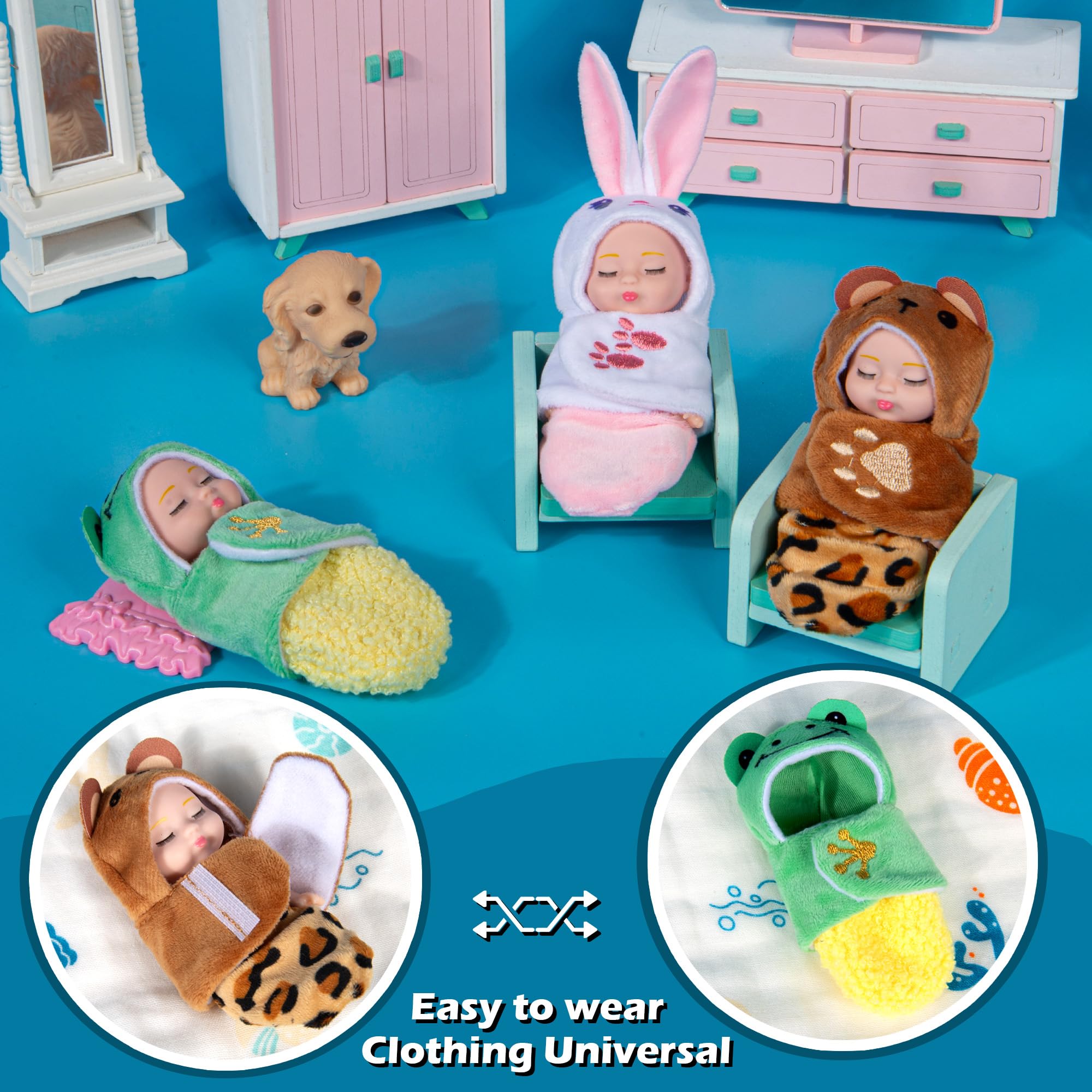 Dollbie six-pack mini dolls with animal sleeping bags for group play.