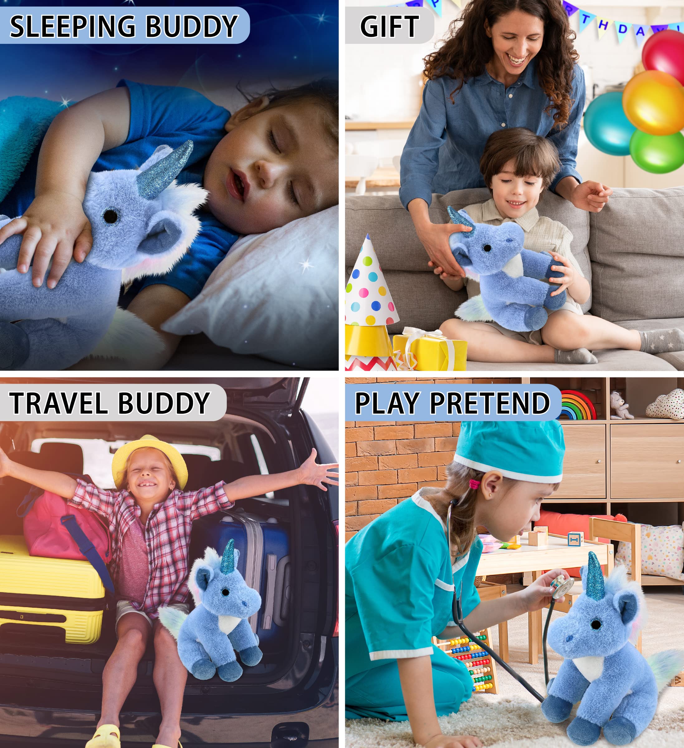DolliBu blue unicorn plush with child for comforting cuddles.