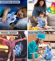 DolliBu blue unicorn plush with child for comforting cuddles.