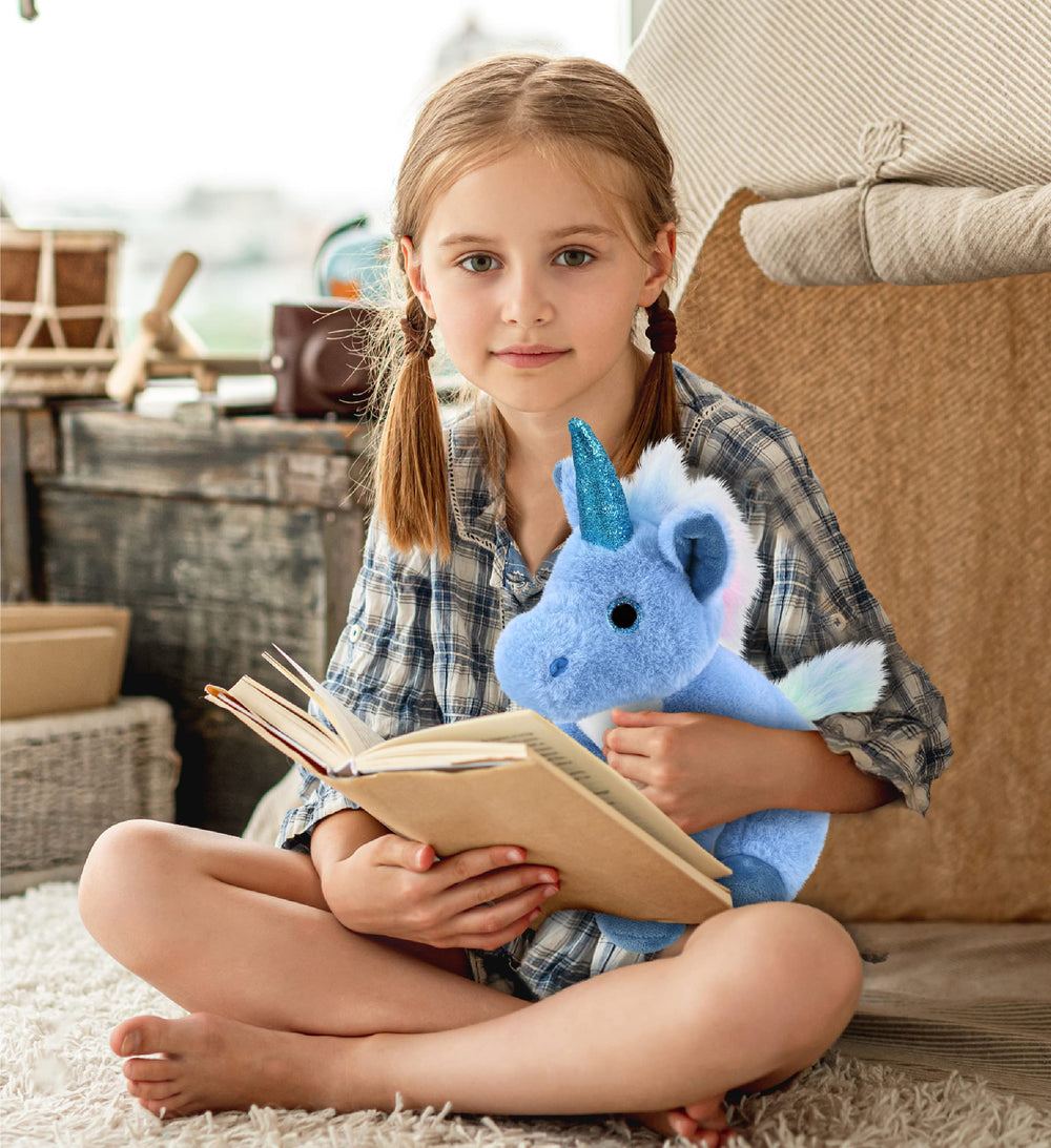 DolliBu blue unicorn plush gift-ready presentation for gifting.