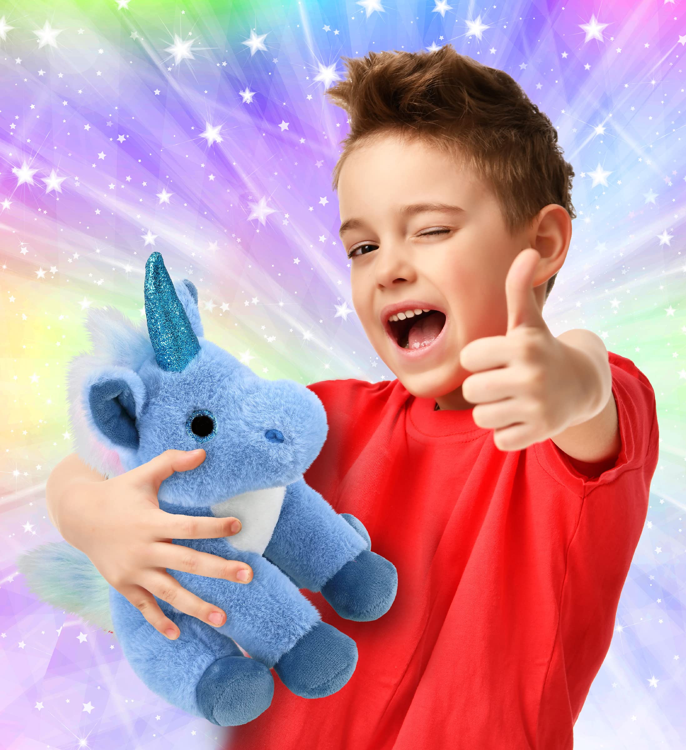 DolliBu blue unicorn plush close-up of horn and eyes for charm.