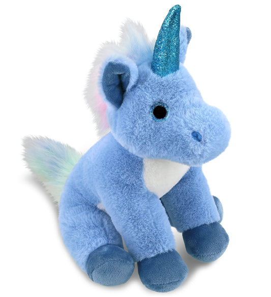 DolliBu blue unicorn plush close-up horn and eyes for cozy cuddles.