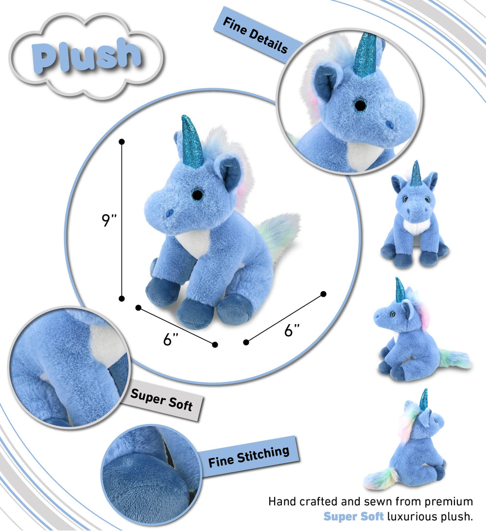 DolliBu blue unicorn plush in a seated pose for playtime.