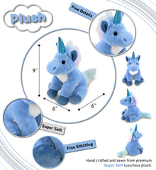 DolliBu blue unicorn plush in a seated pose for playtime.