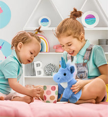 DolliBu blue unicorn plush decorative prop for kids room.
