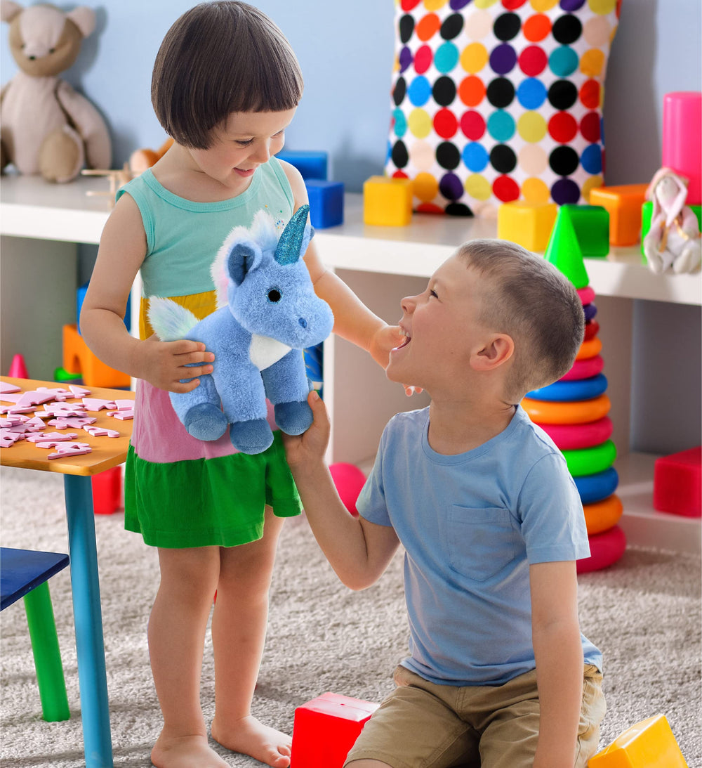 DolliBu blue unicorn plush care details showing washable fabric.