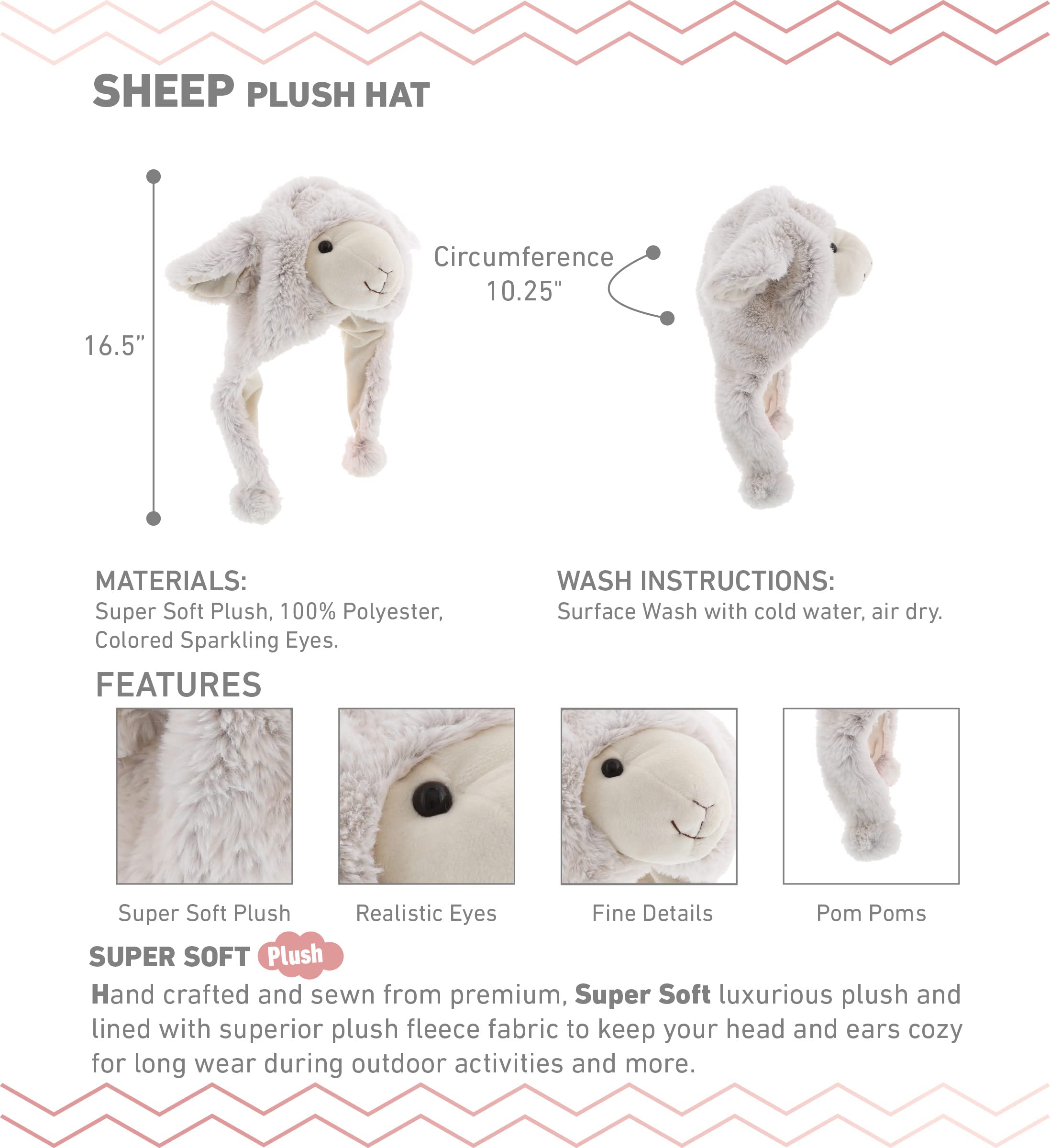DolliBu sheep plush hat close-up showing realistic nose and eyes.