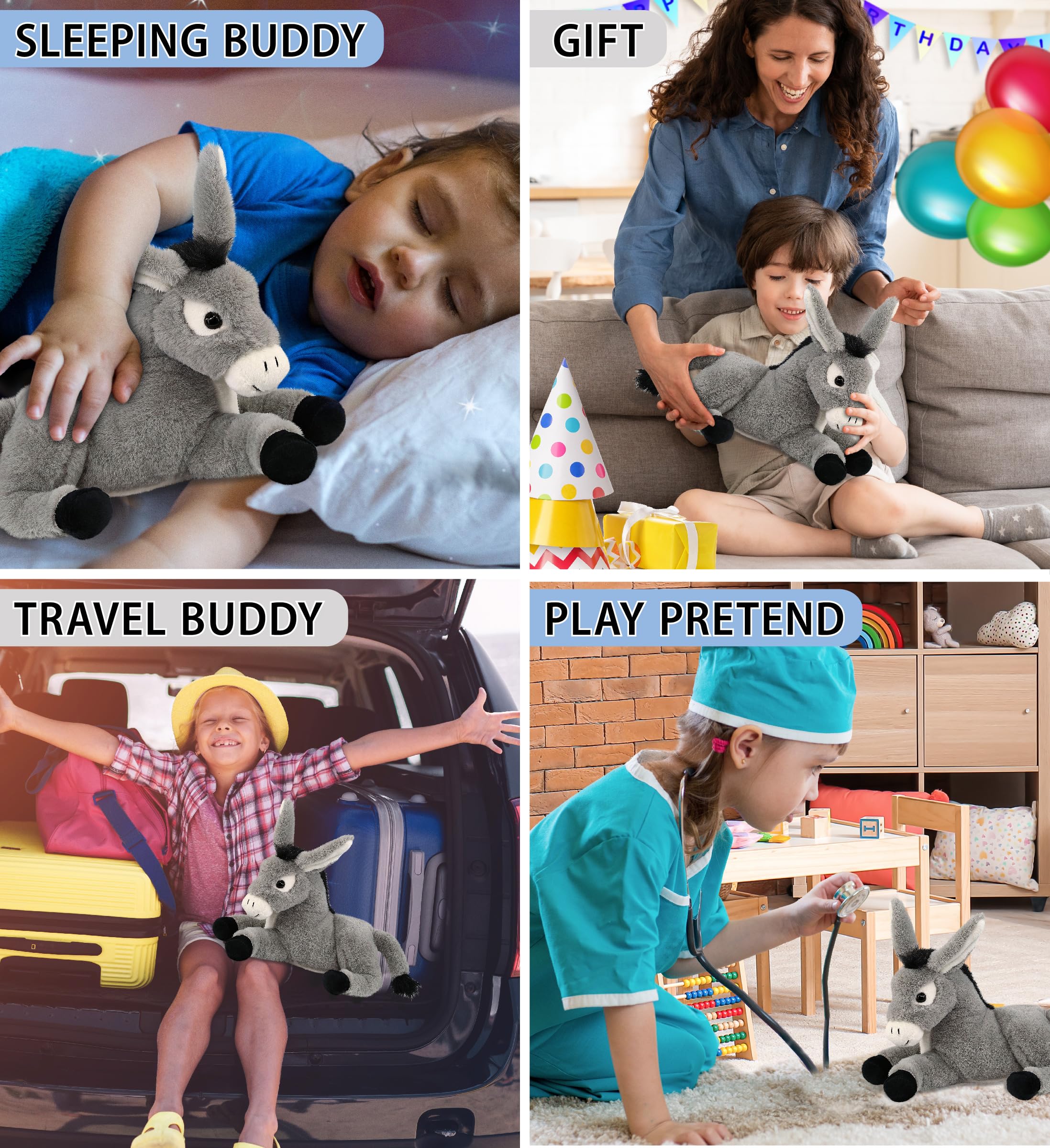 DolliBu laying donkey plush texture emphasizes cozy snuggle moments