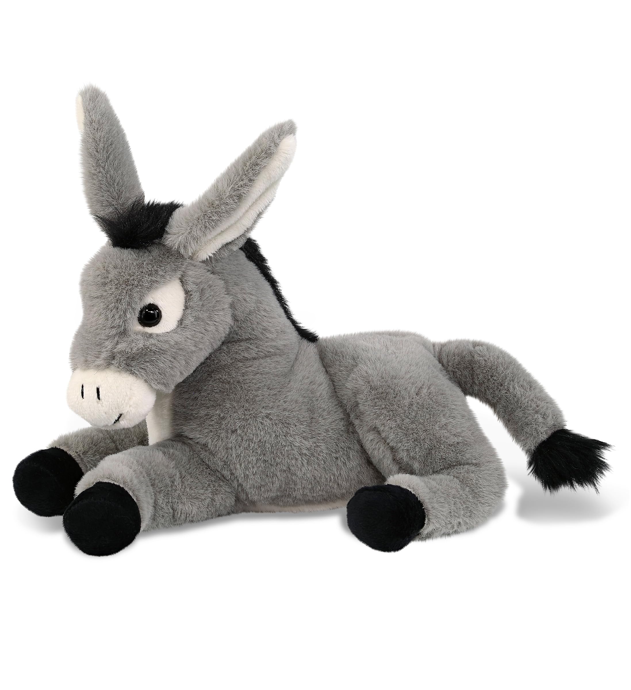 DolliBu laying donkey plush closeup highlighting soft grey fabric for cuddles