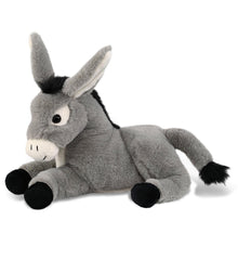 DolliBu laying donkey plush closeup highlighting soft grey fabric for cuddles