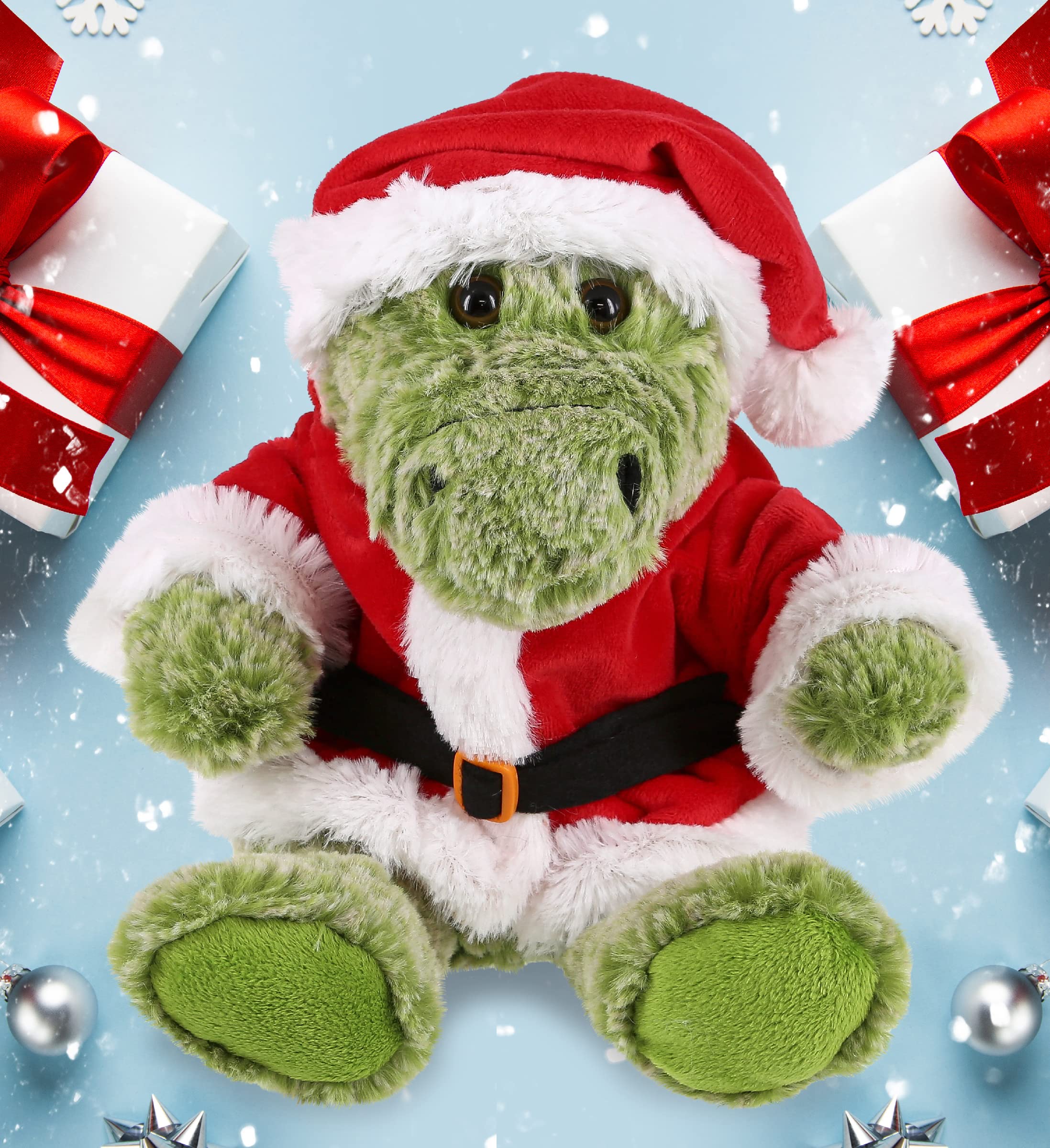 DolliBu pom-pom Santa hat detail on plush toy, cozy seasonal touch.