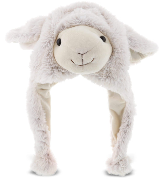 DolliBu white sheep plush hat with ear flaps for all ages, cozy warmth.