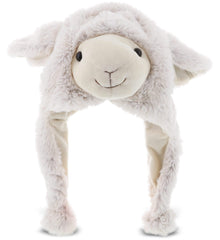 DolliBu white sheep plush hat with ear flaps for all ages, cozy warmth.