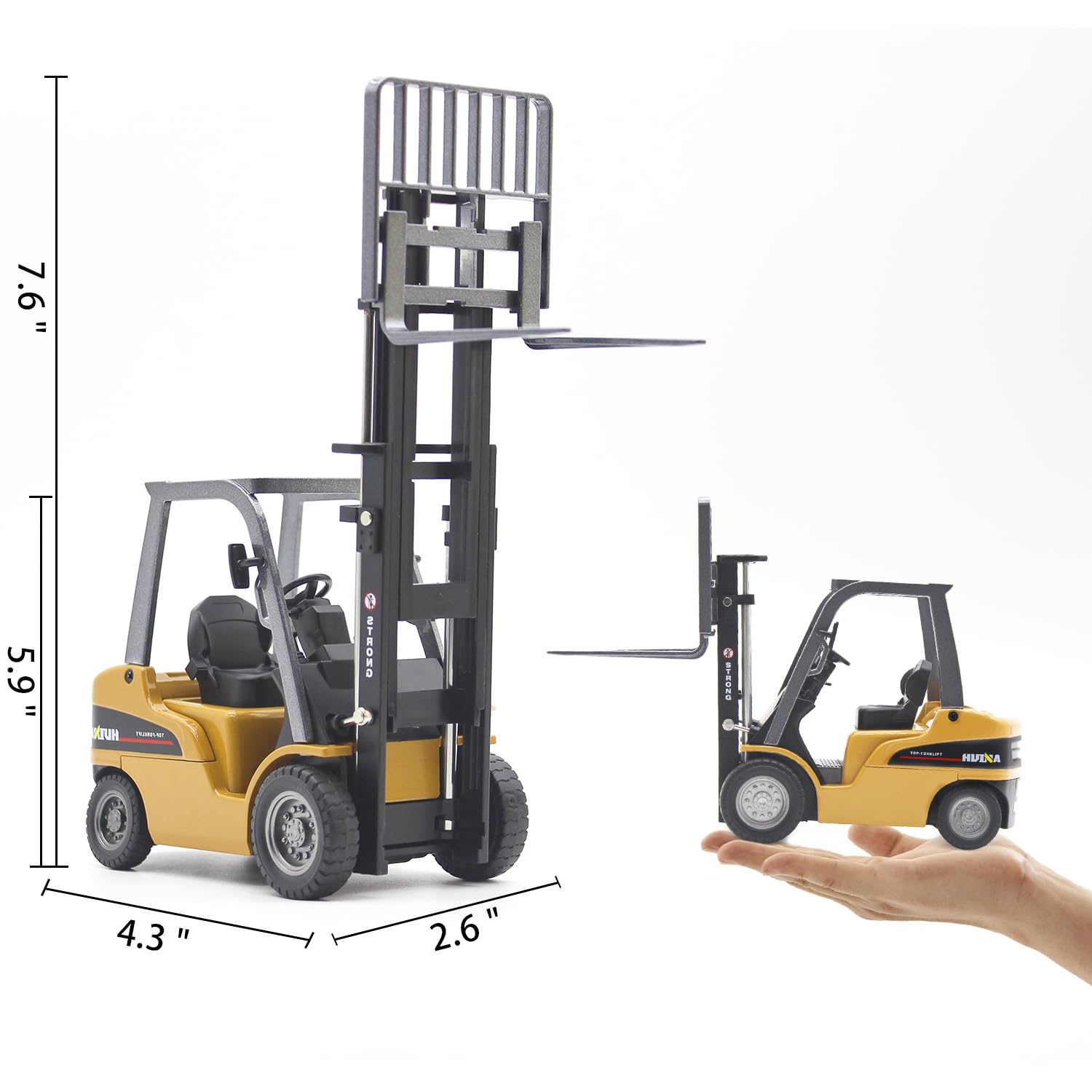 Dollox forklift side view showing authentic proportions for office decor.