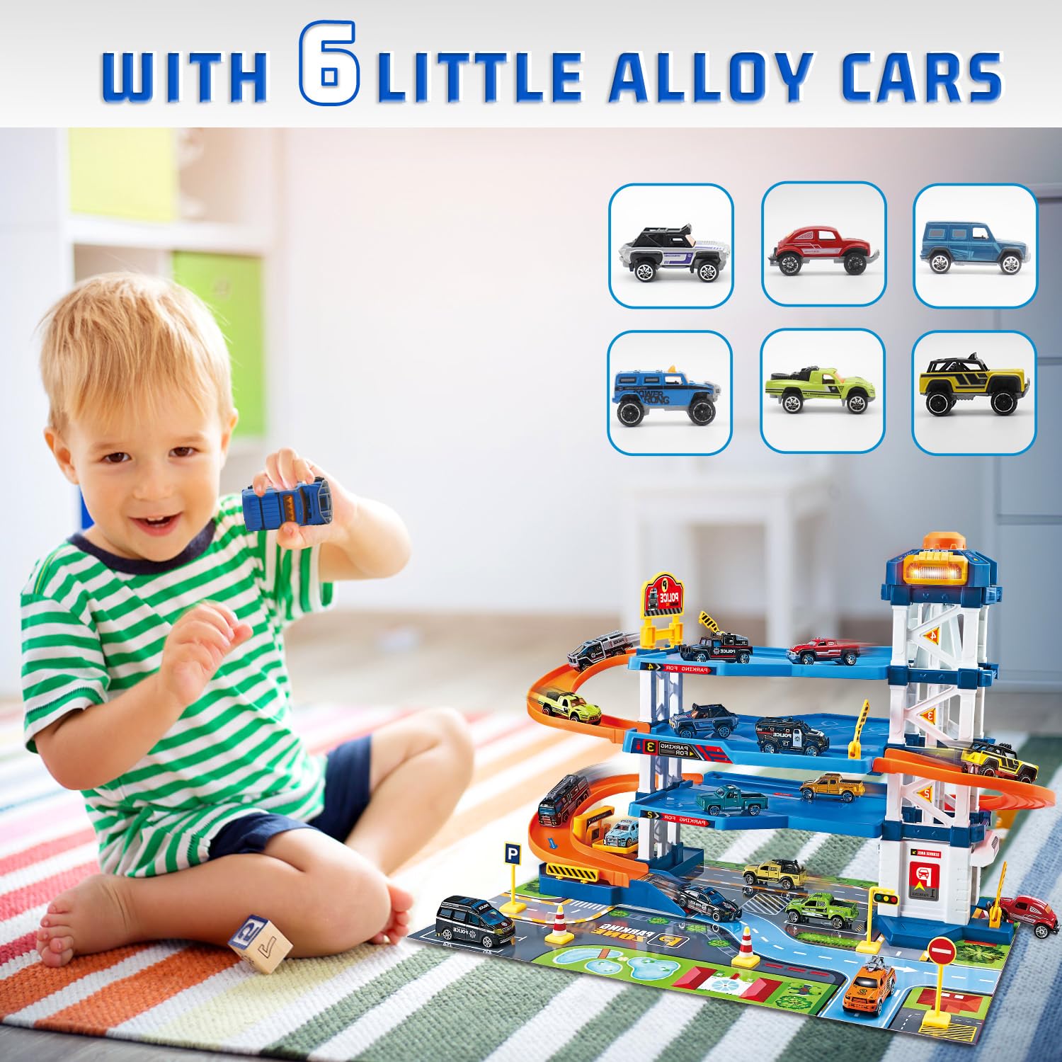 Dollox multi-level ramps parking lot—dynamic layouts encourage motor skills through hands-on building.