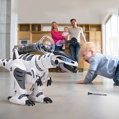 Dollox RC dinosaur in fight mode shoots darts for imaginative battles