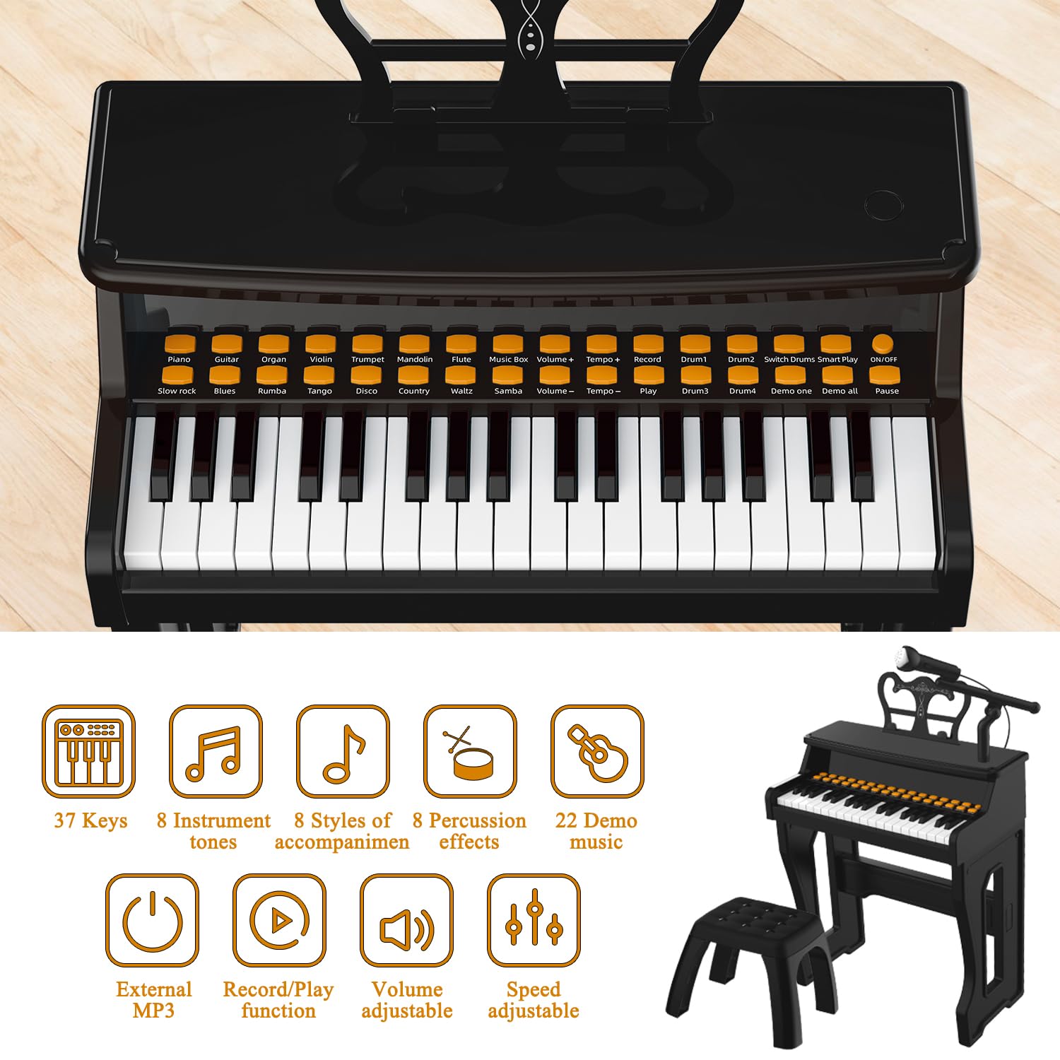 Dollox toddler piano with stool enables table or floor play.