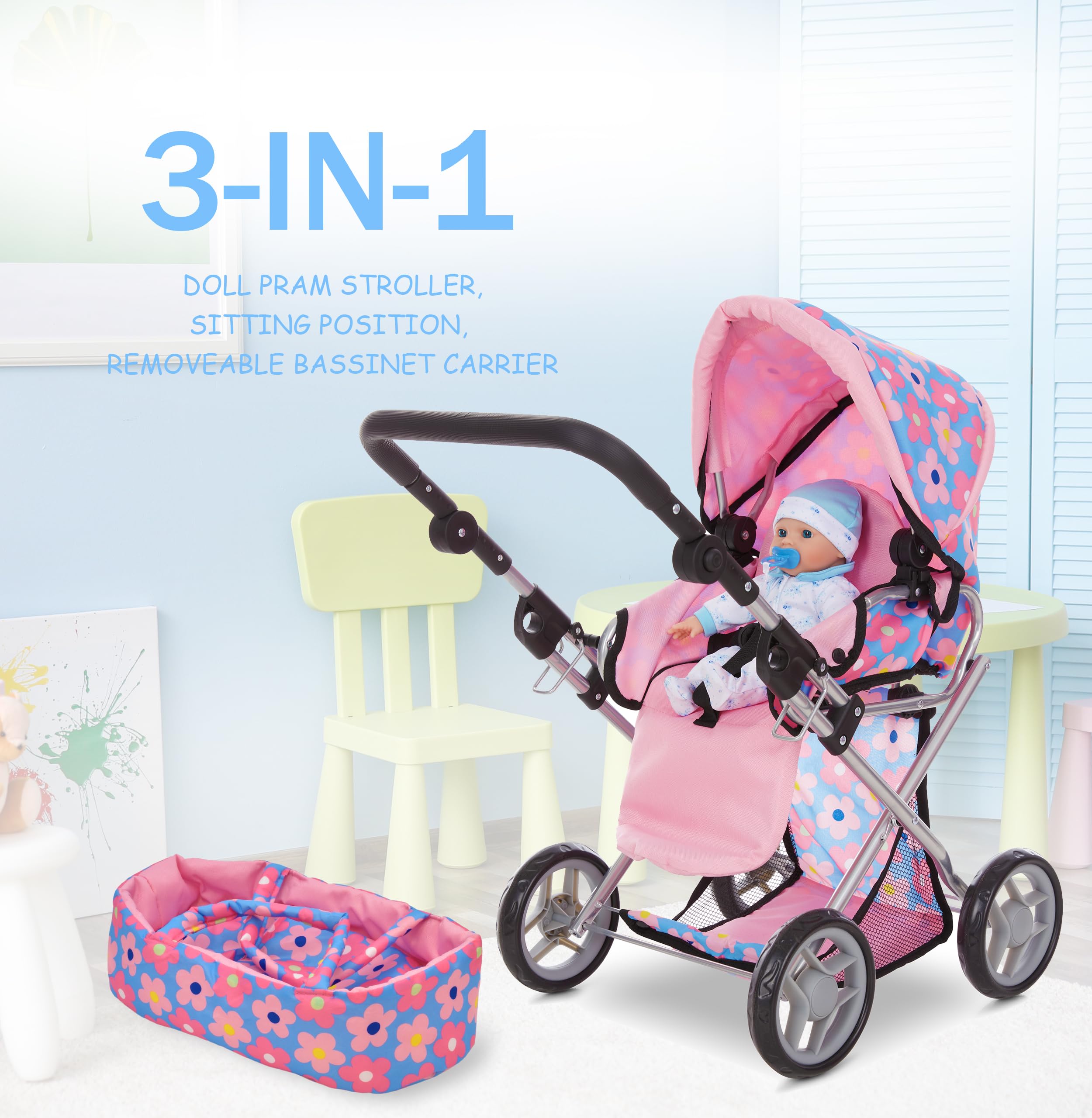 Dolls To Play adjustable handle 25-inch stroller enabling comfortable pushing by kids.