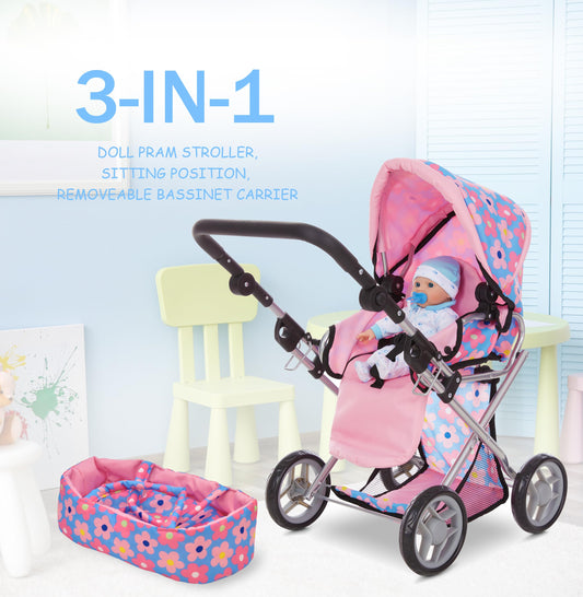 Dolls To Play adjustable handle 25-inch stroller enabling comfortable pushing by kids.