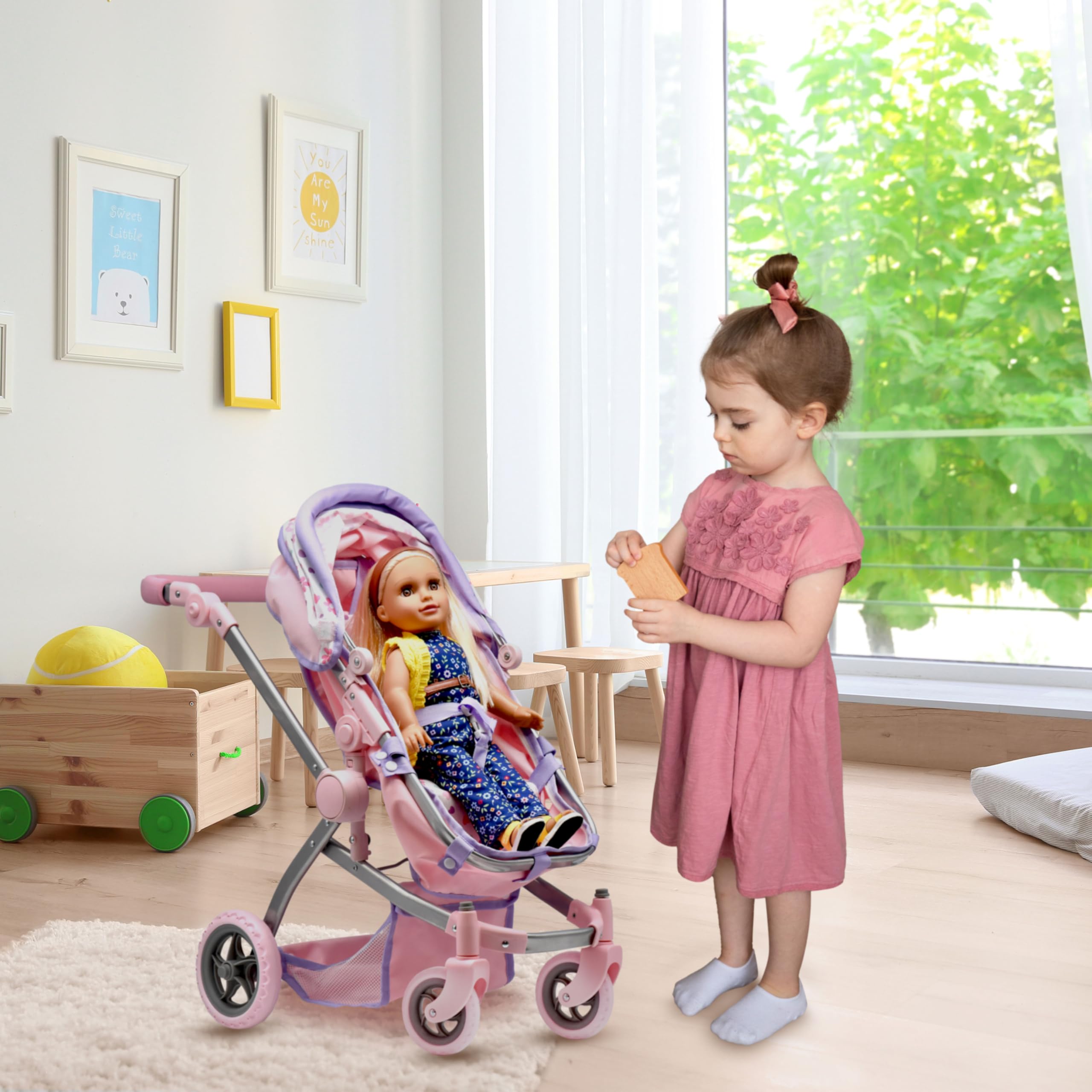 Dolls To Play adjustable 25-inch handle pram with smooth wheels for indoor outdoor fun