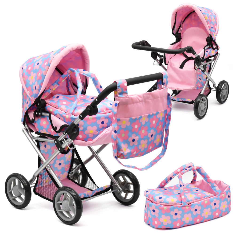 Dolls To Play baby doll convertible pram blue with 25-inch compatibility for versatile play sessions.