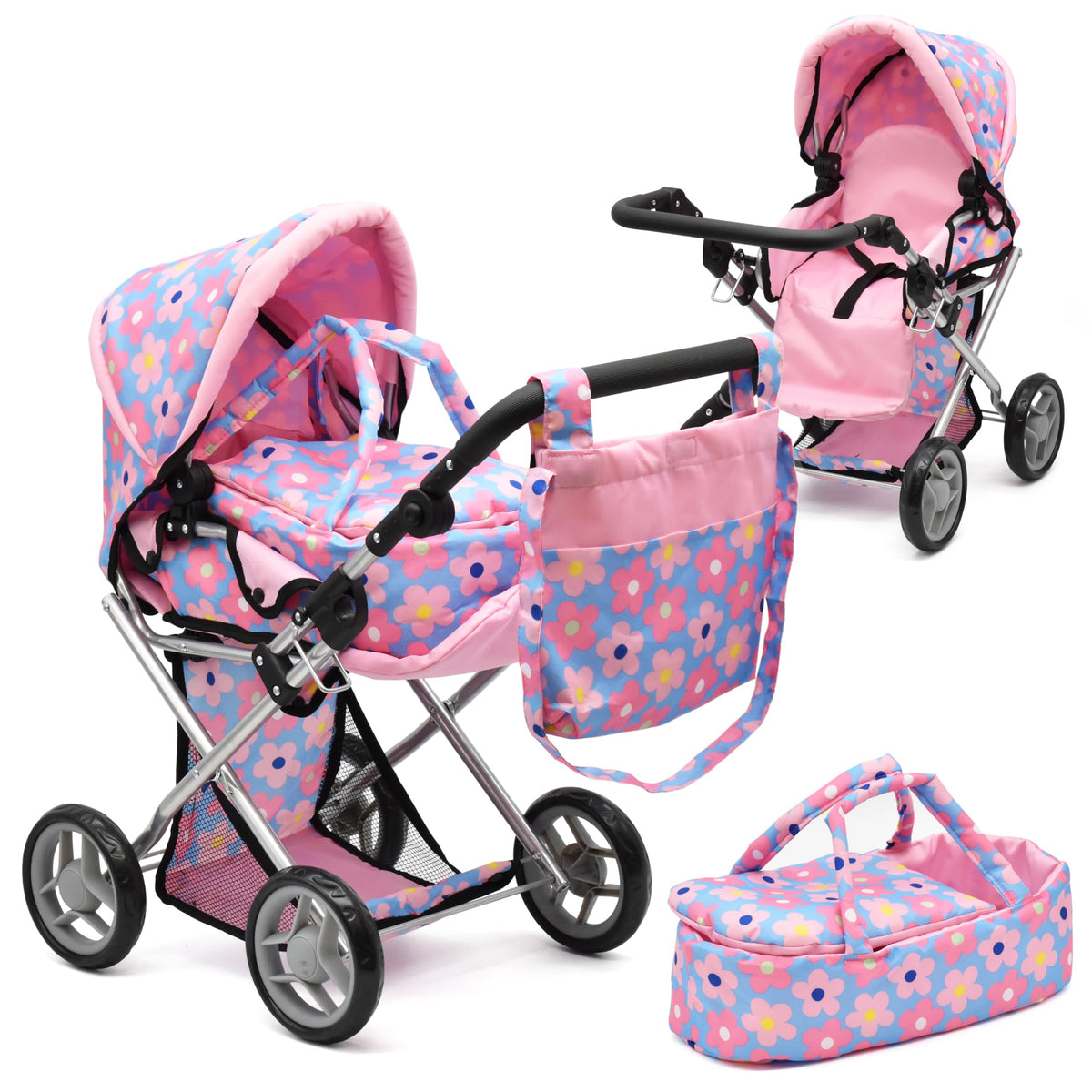 Dolls To Play baby doll convertible pram blue with 25-inch compatibility for versatile play sessions.