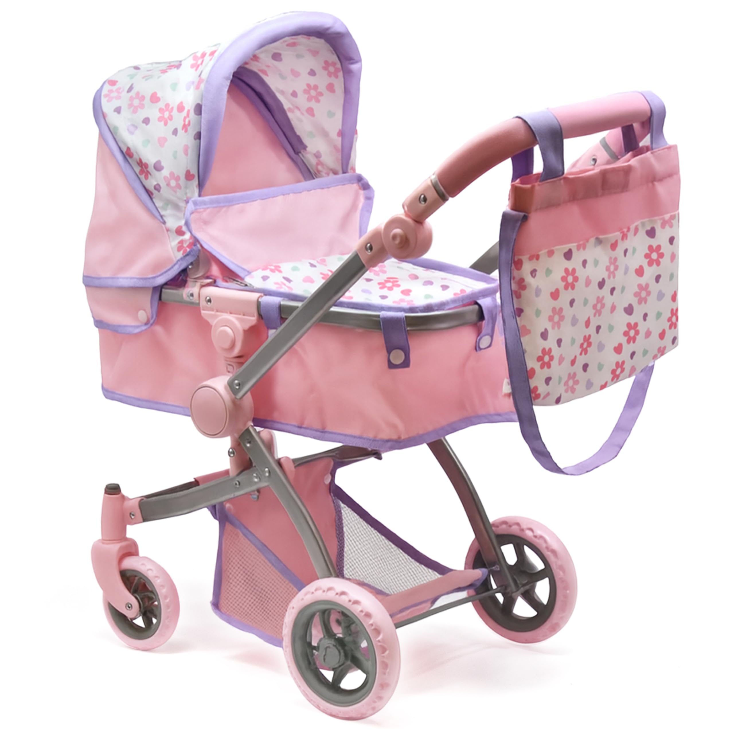 Dolls To Play baby doll convertible pram stroller in purple with 25-inch handle for versatile play