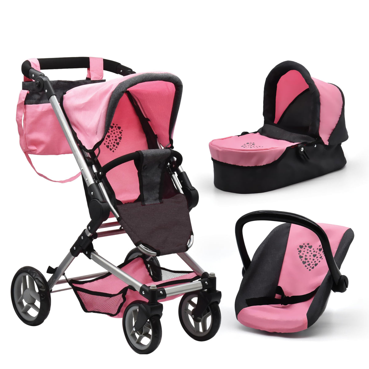 Dolls To Play baby doll stroller with pink canopy for stylish pretend play.