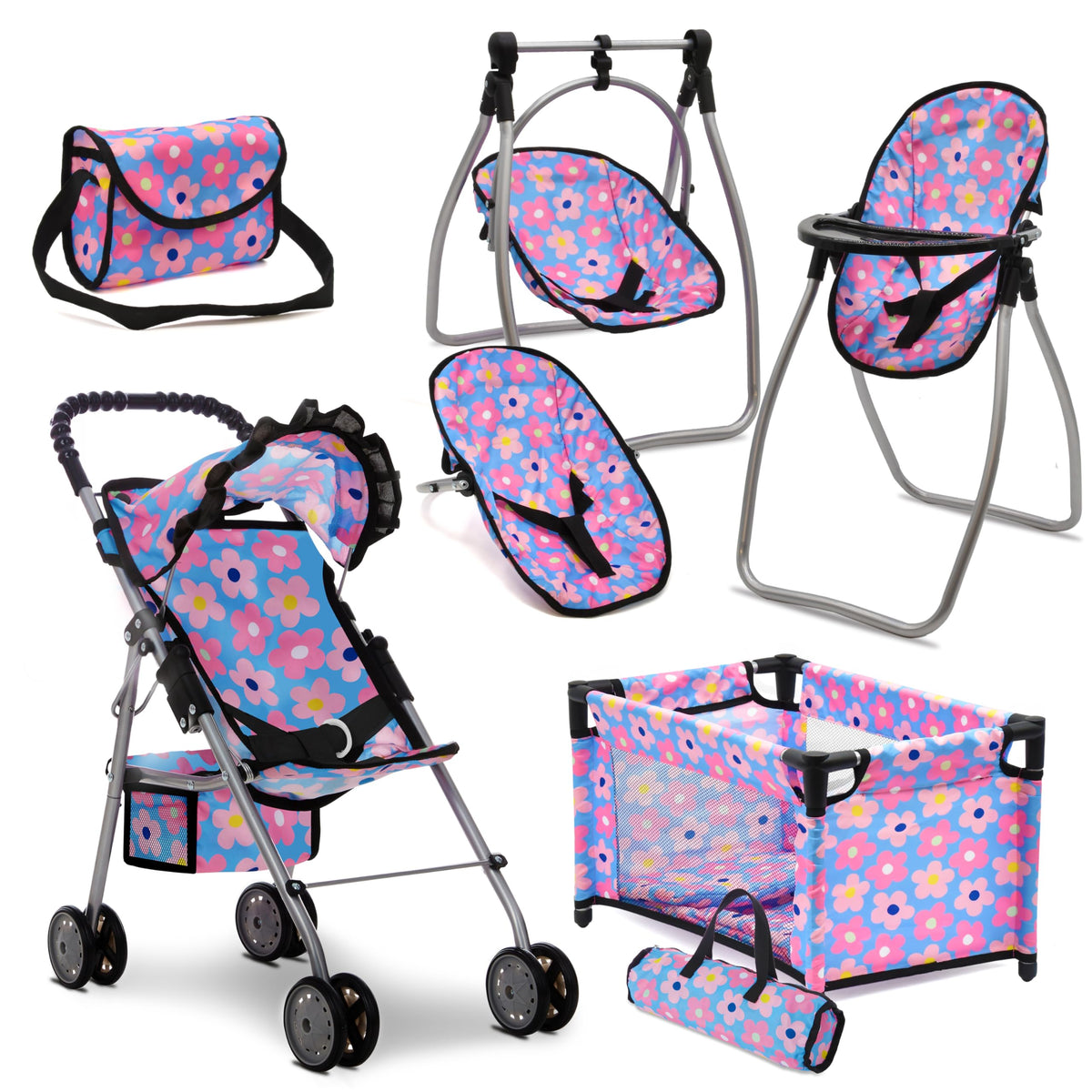 Dolls To Play baby doll stroller with bed and swing for nurturing pretend play.