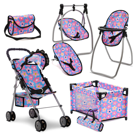 Dolls To Play baby doll stroller with bed and swing for nurturing pretend play.