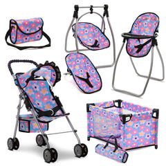 Dolls To Play baby doll stroller with bed and swing for nurturing pretend play.
