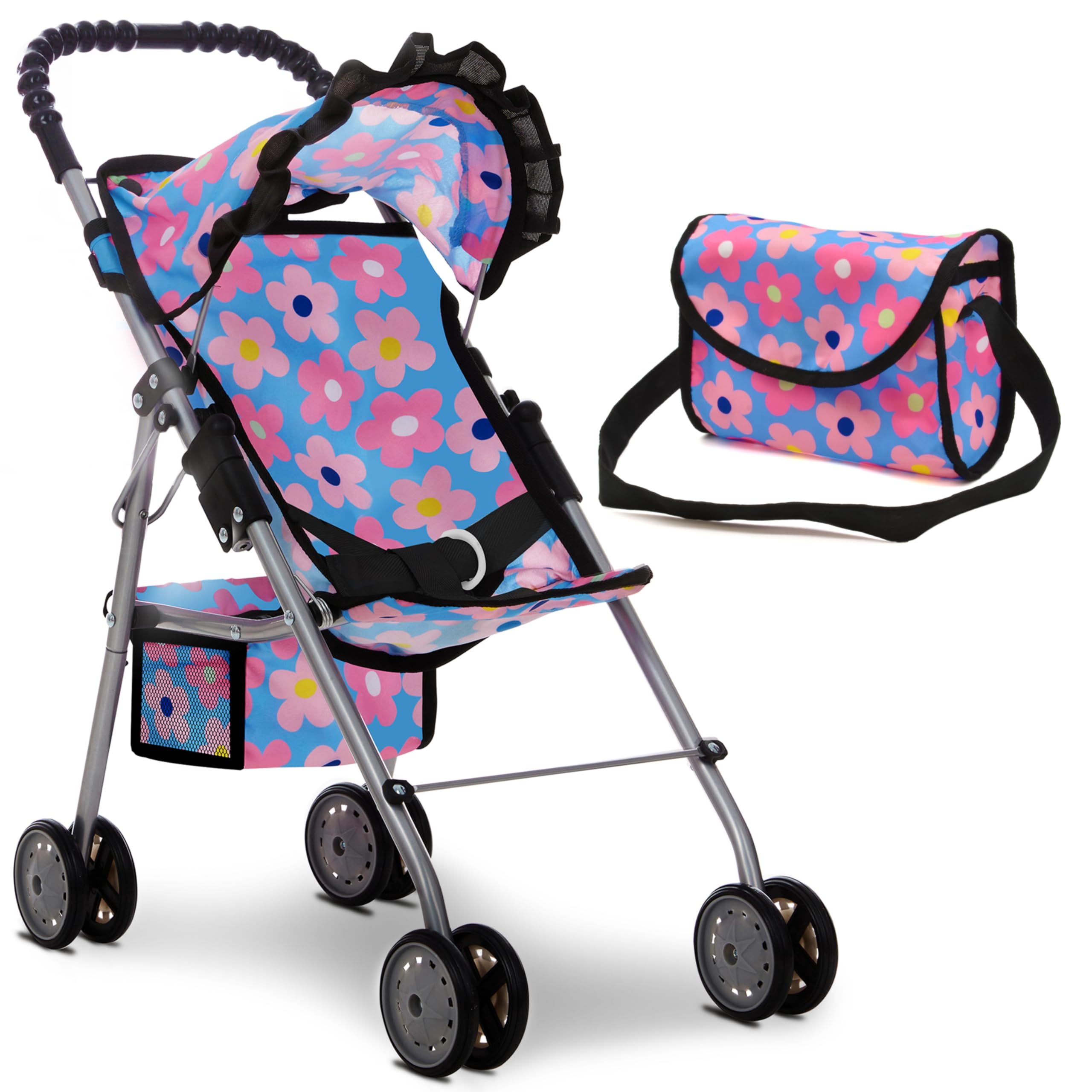 Dolls To Play Baby Doll Stroller blue front view showing durable frame for imaginative play
