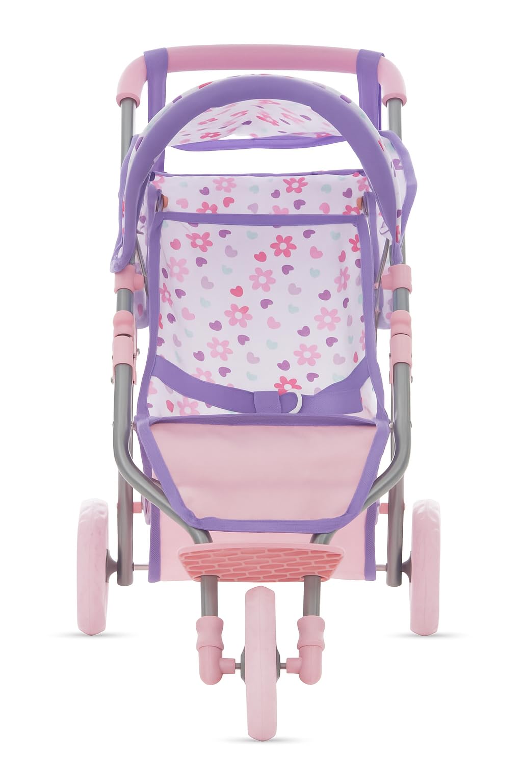 Dolls To Play stroller features a storage basket and diaper bag for organizing accessories