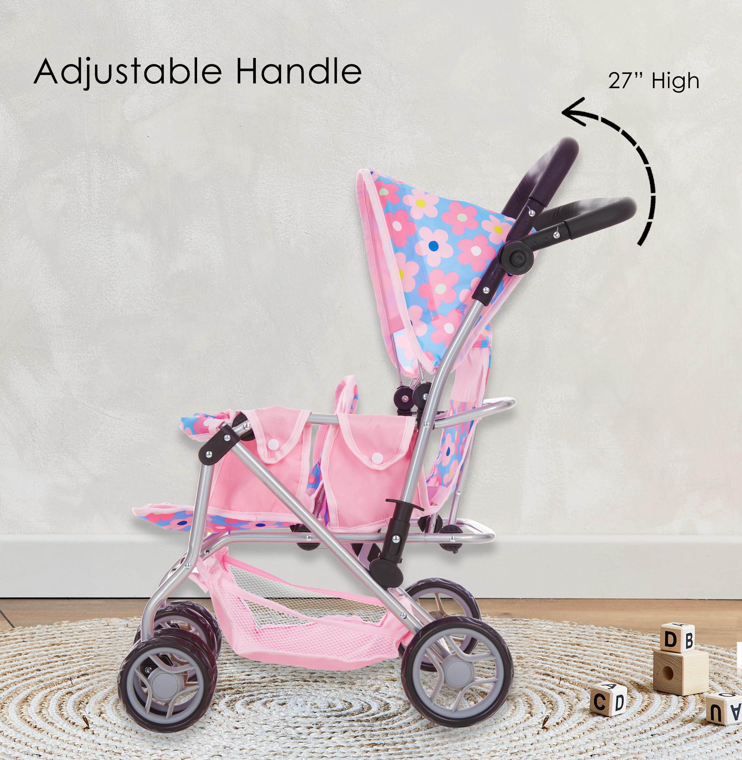 Dolls To Play blue floral diaper bag and storage basket keep essentials organized.