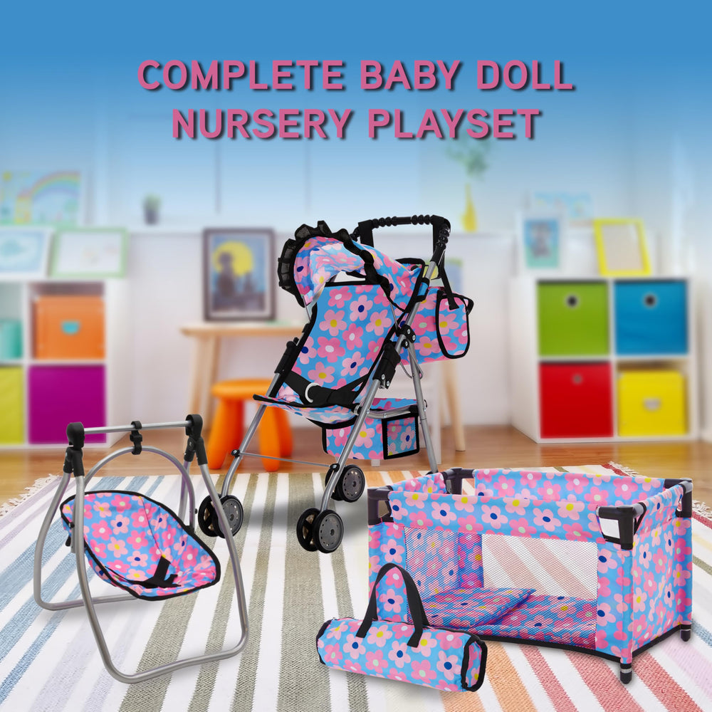 Dolls To Play blue floral diaper bag keeps doll essentials organized on the go.