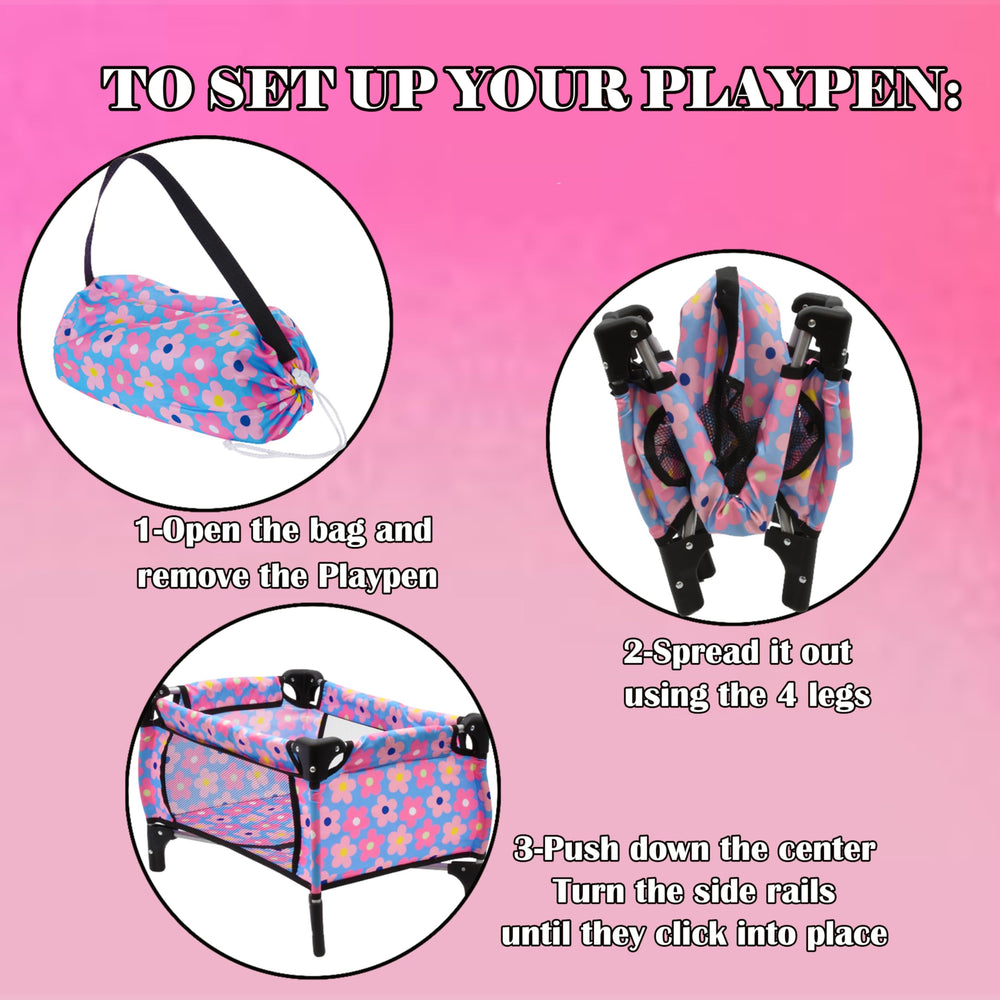 Dolls To Play blue floral diaper bag, organized storage on the go.