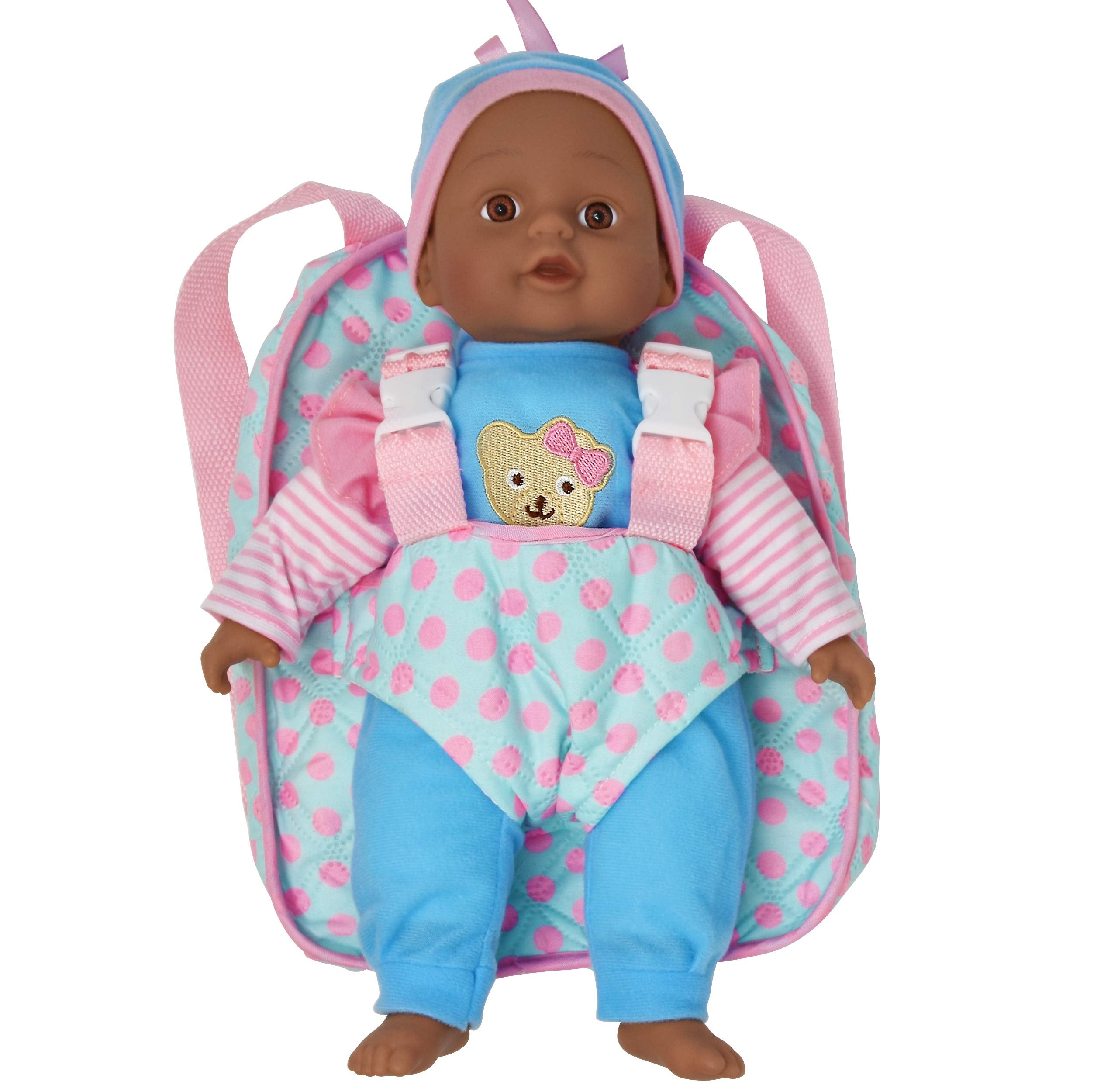 Dolls To Play blue pink doll carrier front view for travel play