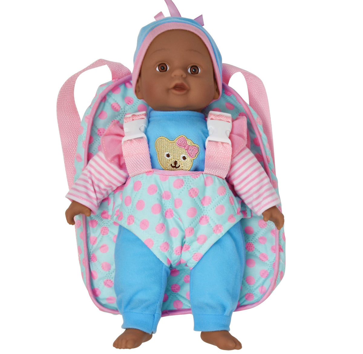 Dolls To Play blue pink doll carrier front view for travel play